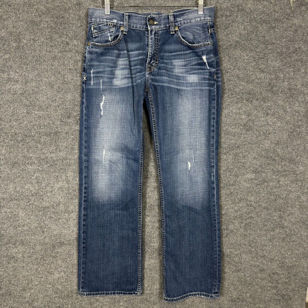 BKE Justin Men's Jeans Size 32x32(31) Blue Denim Distressed Stretch Buckle Rodeo
